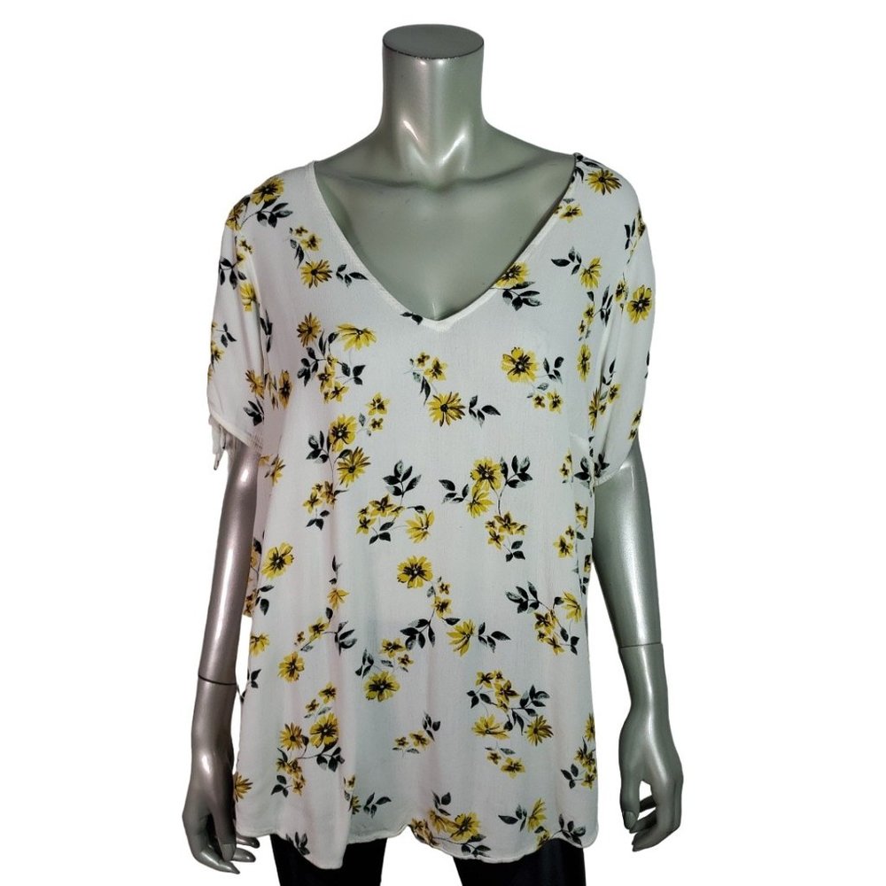 Torrid Top Plus Sz 2X Tie Sleeve Lightweight Short Sleeve Pullover Floral Yellow